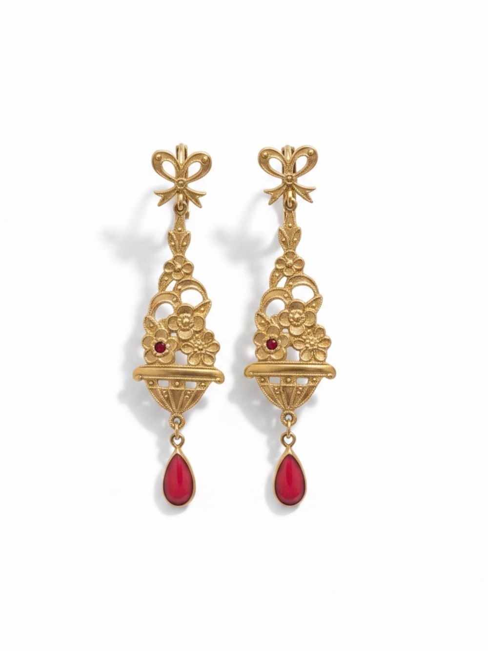 Antique Victorian Gold Floral Coral Teardrop Earrings